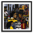 Graffiti-style abstract art print featuring iconic yellow cabs driving through the streets of Harlem, New York City. The gritty urban landscape includes textured buildings and dynamic street elements, capturing the bold energy of NYC in a modern cityscape wall art design.