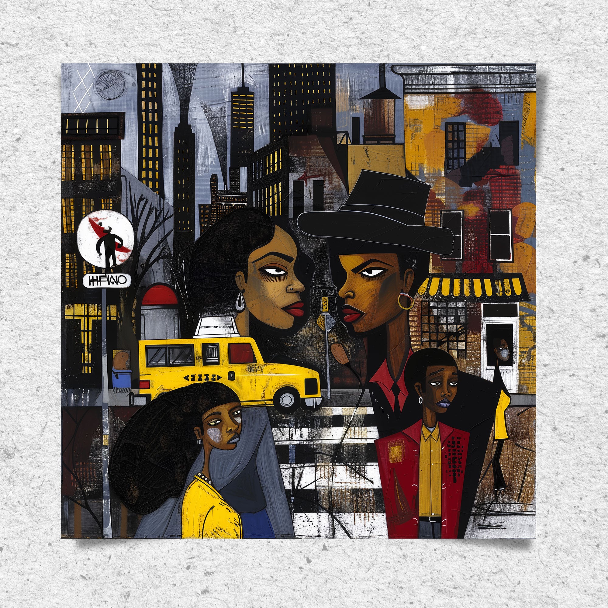 Graffiti-style abstract art print featuring iconic yellow cabs driving through the streets of Harlem, New York City. The gritty urban landscape includes textured buildings and dynamic street elements, capturing the bold energy of NYC in a modern cityscape wall art design.