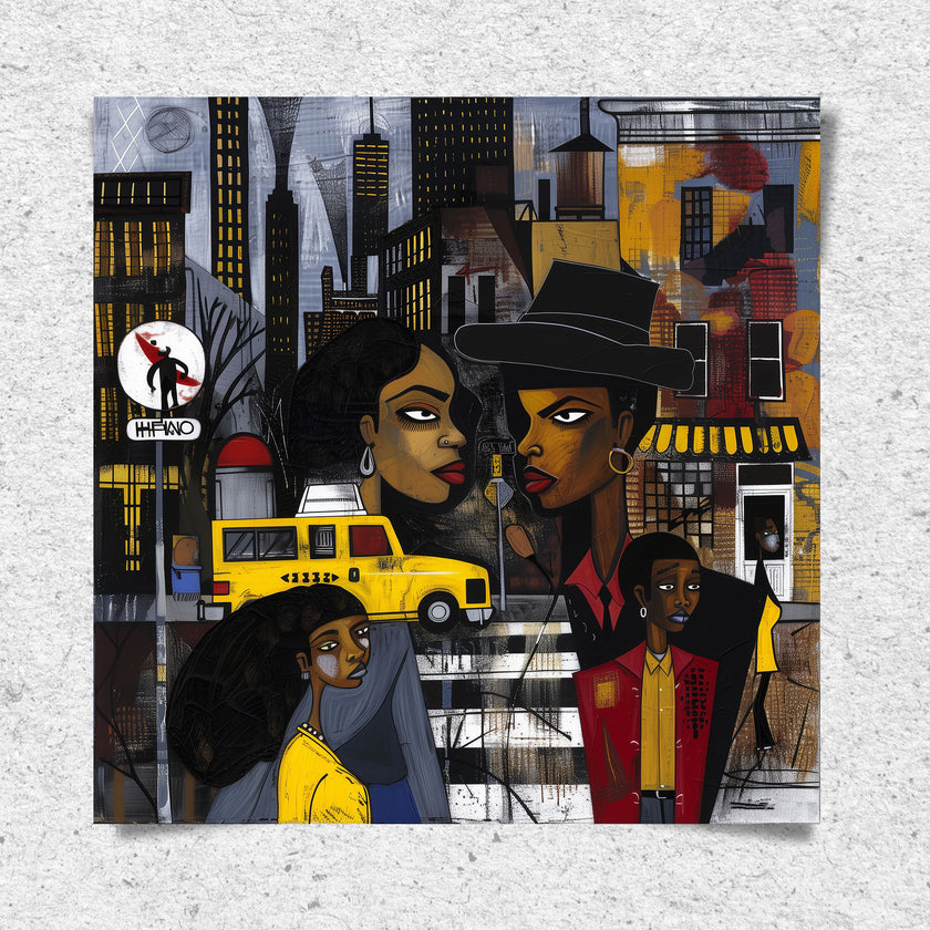 Graffiti-style abstract art print featuring iconic yellow cabs driving through the streets of Harlem, New York City. The gritty urban landscape includes textured buildings and dynamic street elements, capturing the bold energy of NYC in a modern cityscape wall art design.