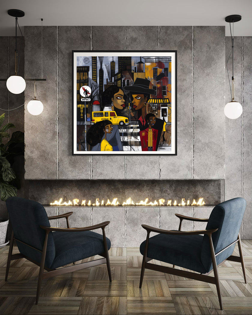 Graffiti-style abstract art print featuring iconic yellow cabs driving through the streets of Harlem, New York City. The gritty urban landscape includes textured buildings and dynamic street elements, capturing the bold energy of NYC in a modern cityscape wall art design.