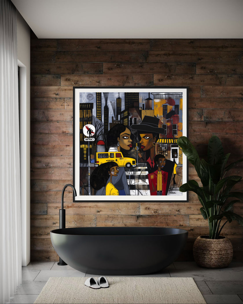 Graffiti-style abstract art print featuring iconic yellow cabs driving through the streets of Harlem, New York City. The gritty urban landscape includes textured buildings and dynamic street elements, capturing the bold energy of NYC in a modern cityscape wall art design.
