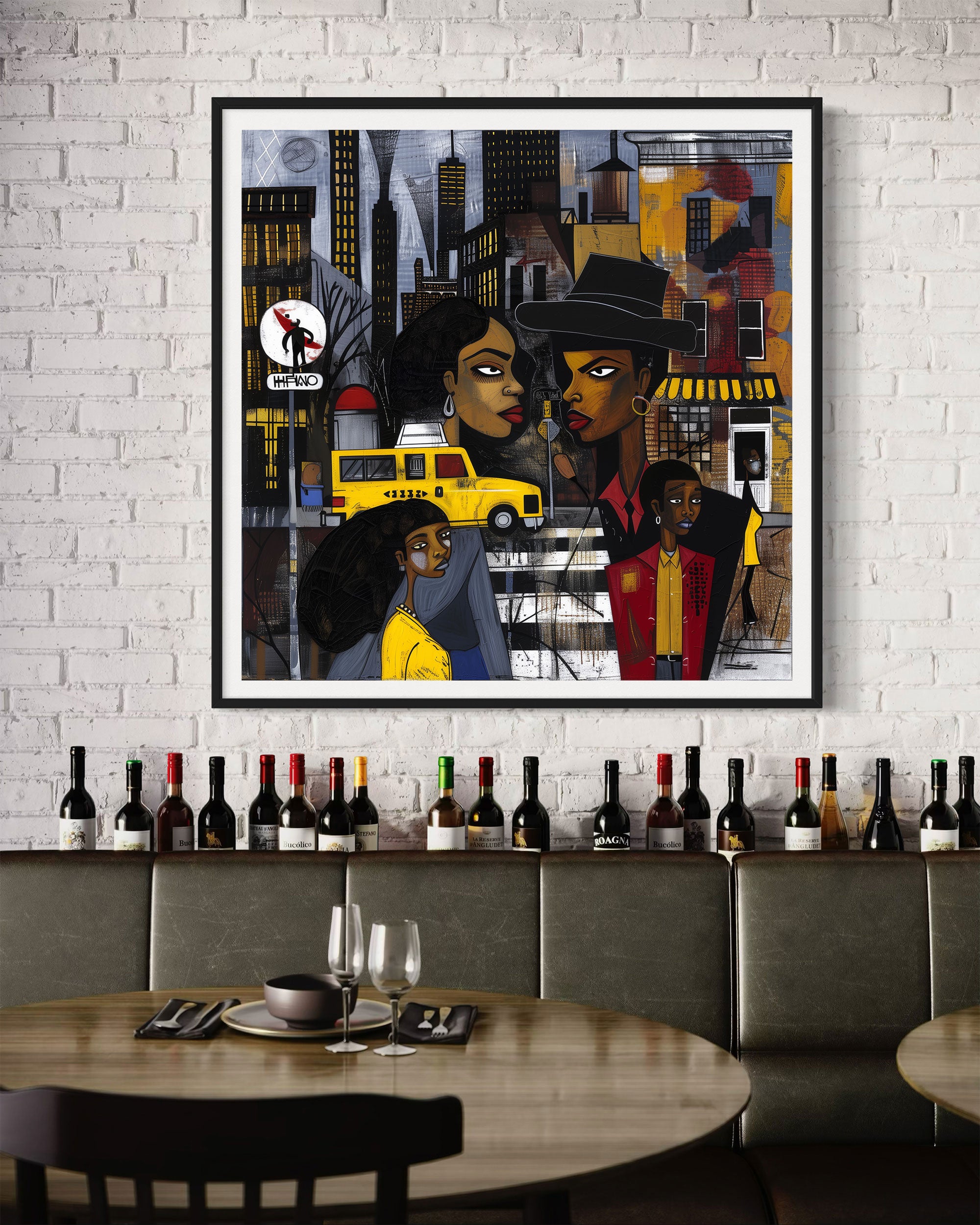 Graffiti-style abstract art print featuring iconic yellow cabs driving through the streets of Harlem, New York City. The gritty urban landscape includes textured buildings and dynamic street elements, capturing the bold energy of NYC in a modern cityscape wall art design.