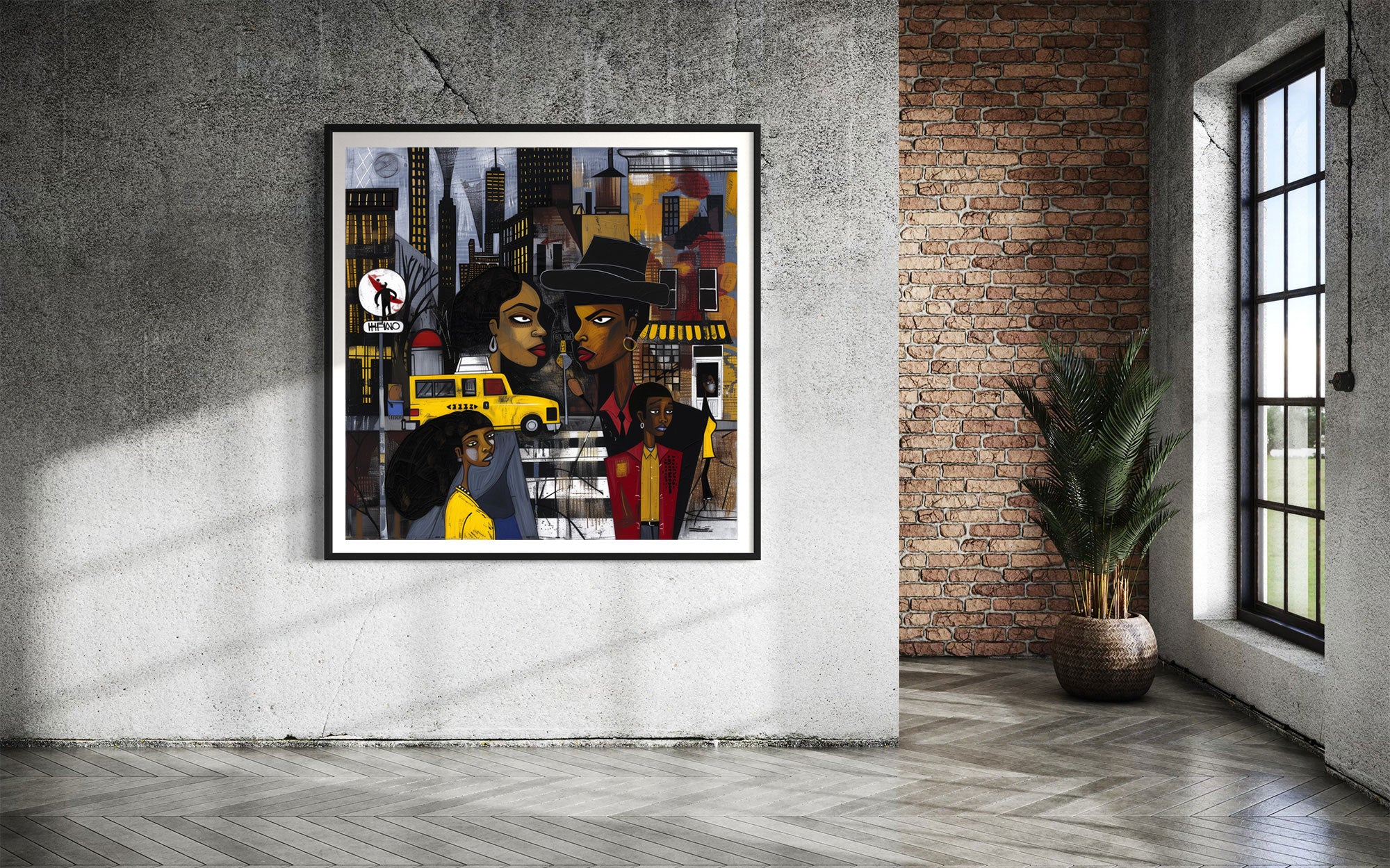 Graffiti-style abstract art print featuring iconic yellow cabs driving through the streets of Harlem, New York City. The gritty urban landscape includes textured buildings and dynamic street elements, capturing the bold energy of NYC in a modern cityscape wall art design.