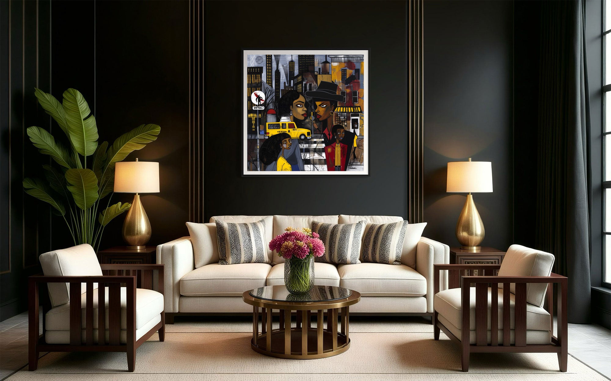 Graffiti-style abstract art print featuring iconic yellow cabs driving through the streets of Harlem, New York City. The gritty urban landscape includes textured buildings and dynamic street elements, capturing the bold energy of NYC in a modern cityscape wall art design.