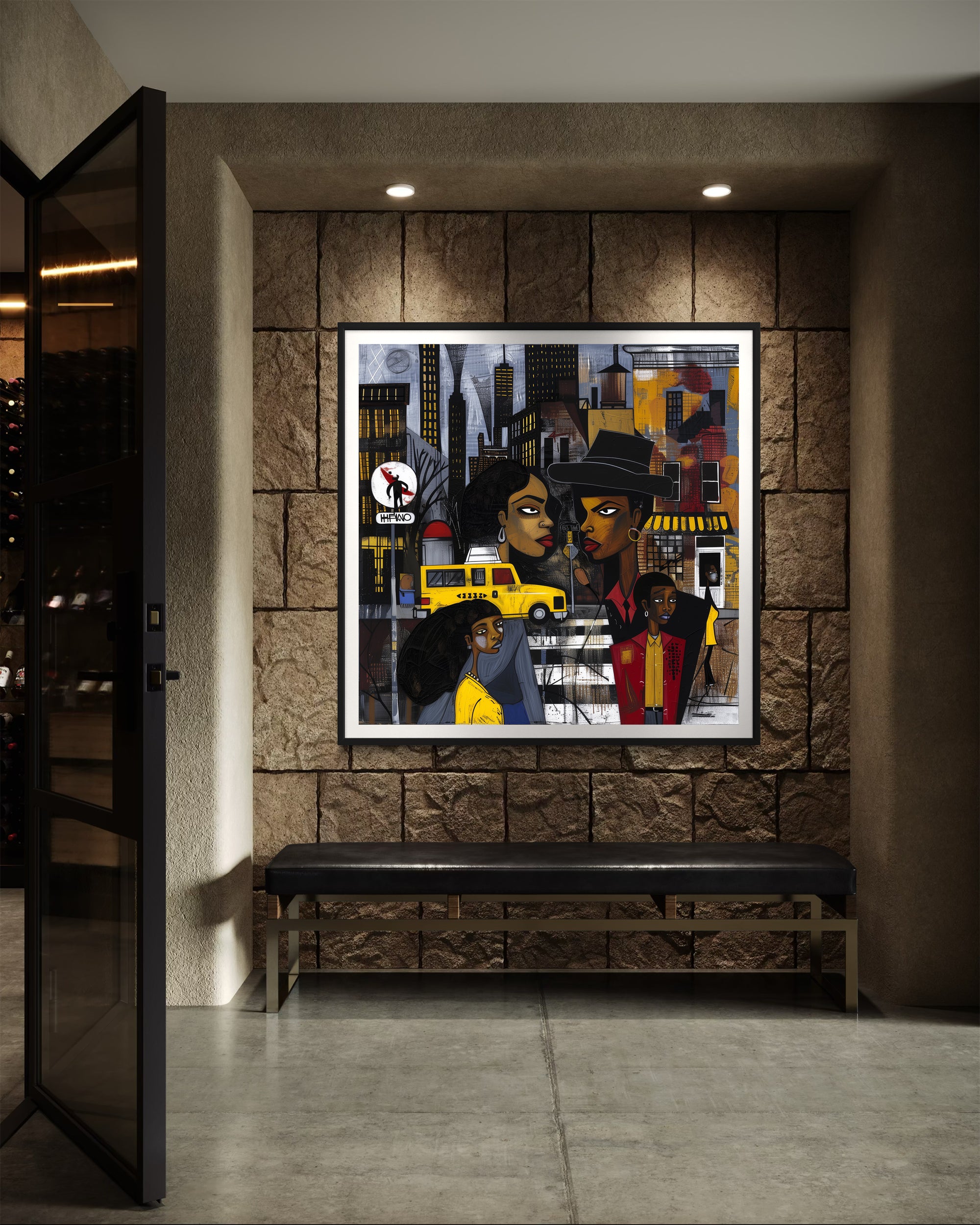 Graffiti-style abstract art print featuring iconic yellow cabs driving through the streets of Harlem, New York City. The gritty urban landscape includes textured buildings and dynamic street elements, capturing the bold energy of NYC in a modern cityscape wall art design.