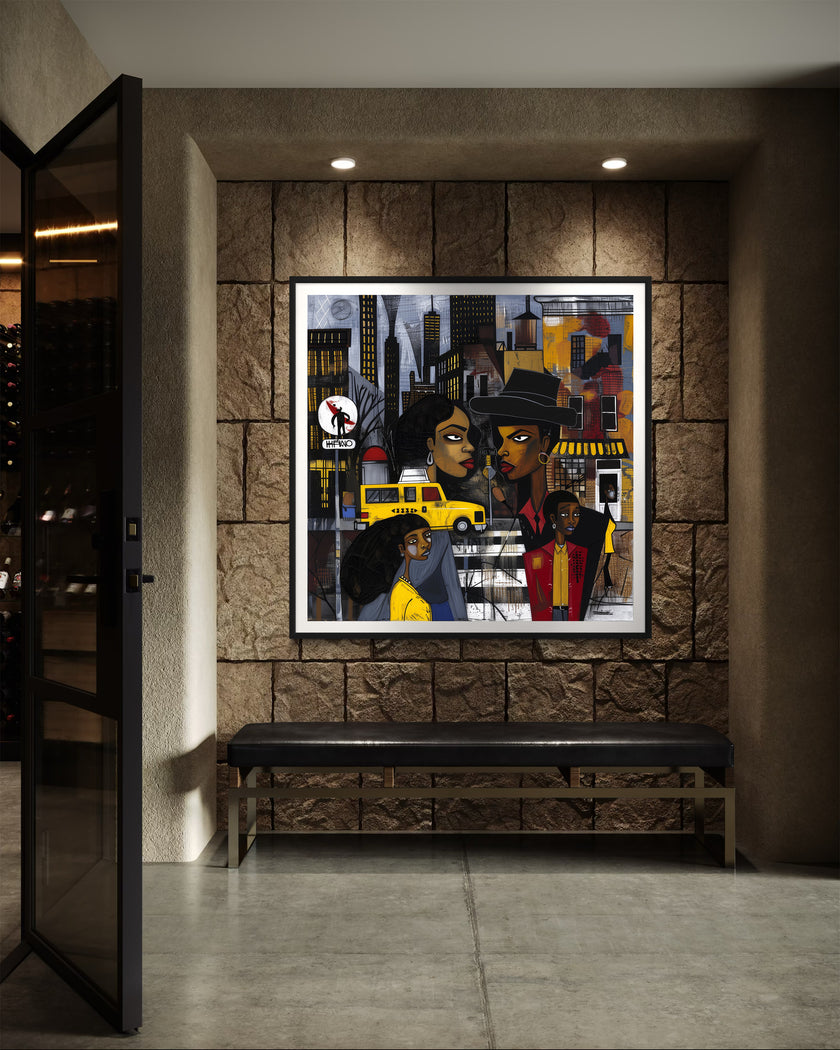 Graffiti-style abstract art print featuring iconic yellow cabs driving through the streets of Harlem, New York City. The gritty urban landscape includes textured buildings and dynamic street elements, capturing the bold energy of NYC in a modern cityscape wall art design.