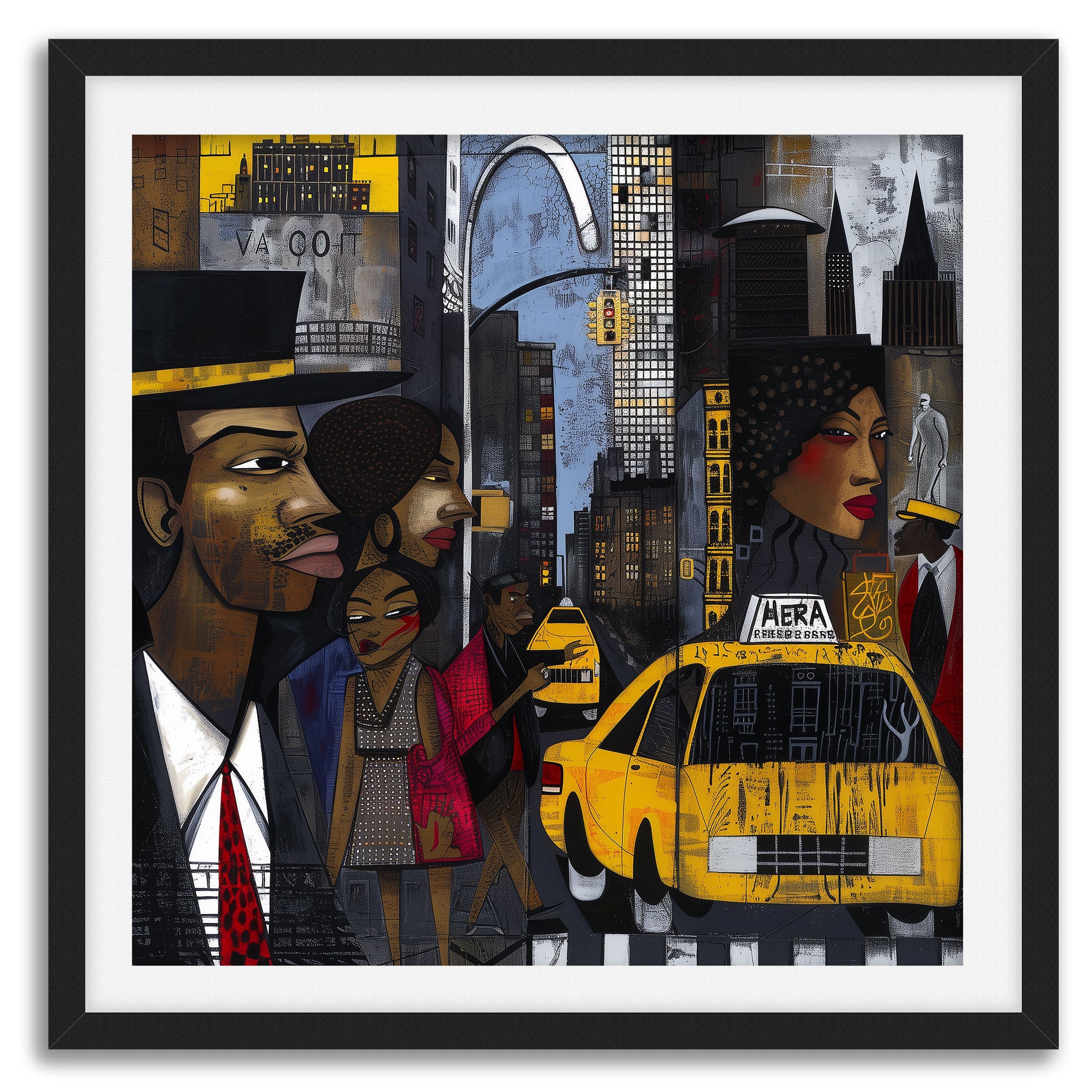 Graffiti-style abstract art print featuring iconic yellow cabs driving through the streets of Harlem, New York City. The gritty urban landscape includes textured buildings and dynamic street elements, capturing the bold energy of NYC in a modern cityscape wall art design.