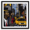Graffiti-style abstract art print featuring iconic yellow cabs driving through the streets of Harlem, New York City. The gritty urban landscape includes textured buildings and dynamic street elements, capturing the bold energy of NYC in a modern cityscape wall art design.