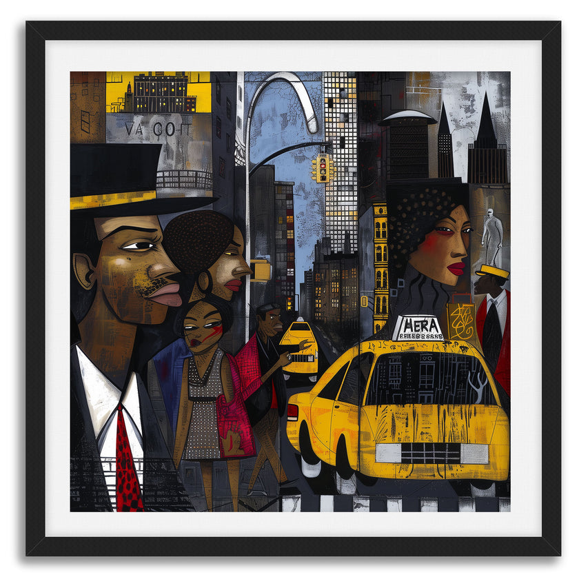 Graffiti-style abstract art print featuring iconic yellow cabs driving through the streets of Harlem, New York City. The gritty urban landscape includes textured buildings and dynamic street elements, capturing the bold energy of NYC in a modern cityscape wall art design.