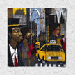 Graffiti-style abstract art print featuring iconic yellow cabs driving through the streets of Harlem, New York City. The gritty urban landscape includes textured buildings and dynamic street elements, capturing the bold energy of NYC in a modern cityscape wall art design.