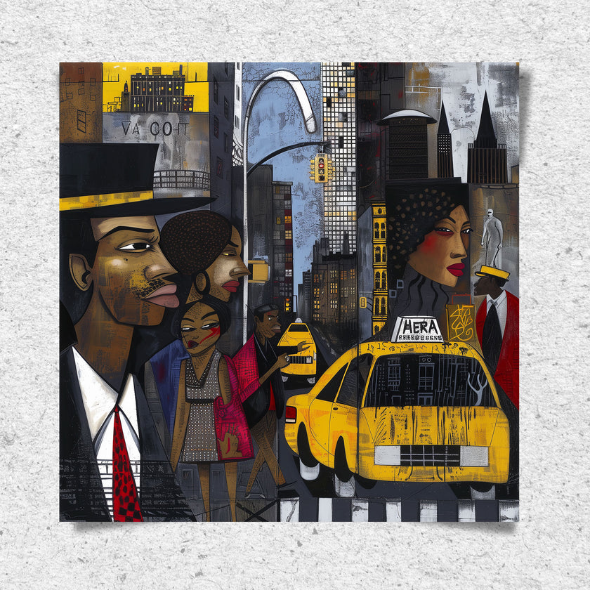 Graffiti-style abstract art print featuring iconic yellow cabs driving through the streets of Harlem, New York City. The gritty urban landscape includes textured buildings and dynamic street elements, capturing the bold energy of NYC in a modern cityscape wall art design.