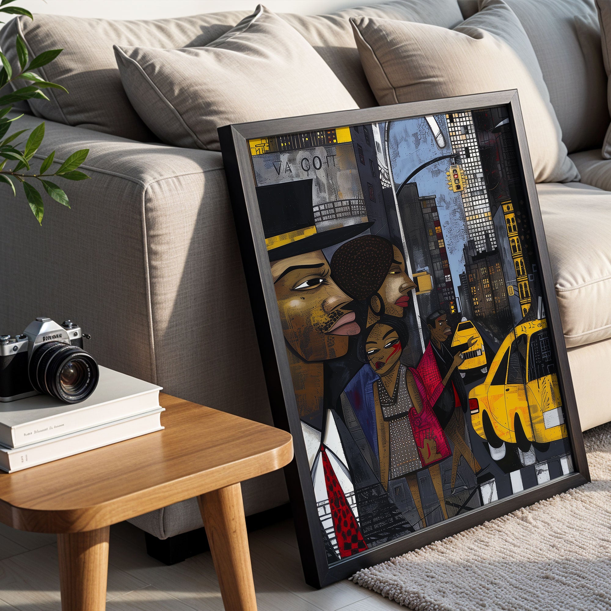 Graffiti-style abstract art print featuring iconic yellow cabs driving through the streets of Harlem, New York City. The gritty urban landscape includes textured buildings and dynamic street elements, capturing the bold energy of NYC in a modern cityscape wall art design.