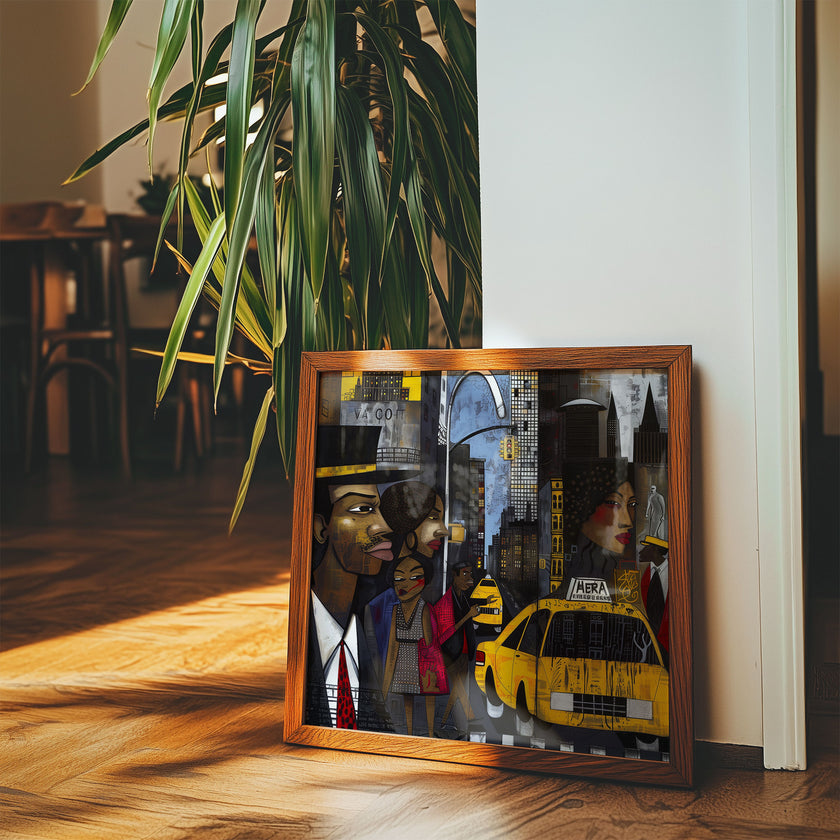 Graffiti-style abstract art print featuring iconic yellow cabs driving through the streets of Harlem, New York City. The gritty urban landscape includes textured buildings and dynamic street elements, capturing the bold energy of NYC in a modern cityscape wall art design.