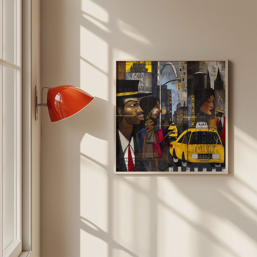 Graffiti-style abstract art print featuring iconic yellow cabs driving through the streets of Harlem, New York City. The gritty urban landscape includes textured buildings and dynamic street elements, capturing the bold energy of NYC in a modern cityscape wall art design.
