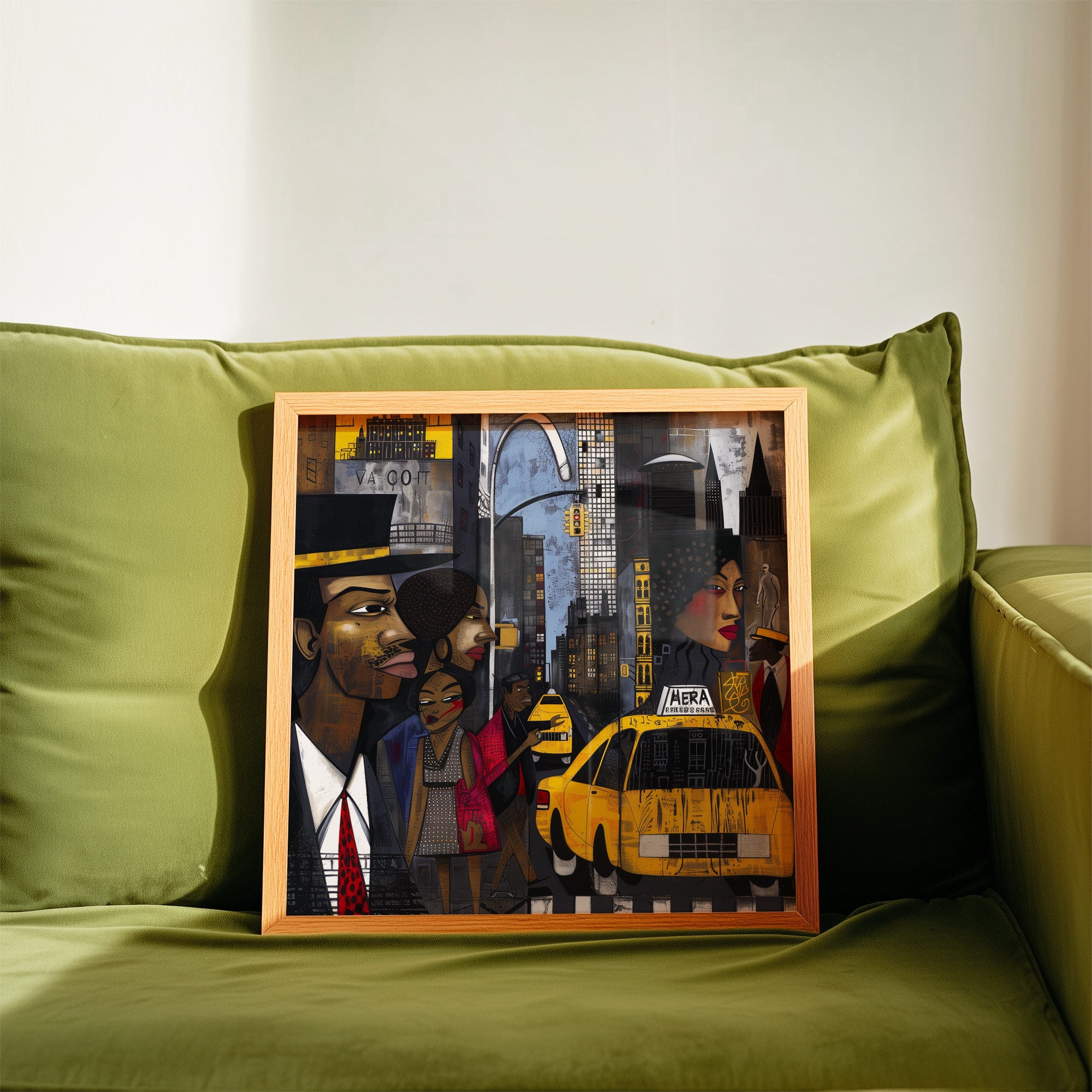 Graffiti-style abstract art print featuring iconic yellow cabs driving through the streets of Harlem, New York City. The gritty urban landscape includes textured buildings and dynamic street elements, capturing the bold energy of NYC in a modern cityscape wall art design.