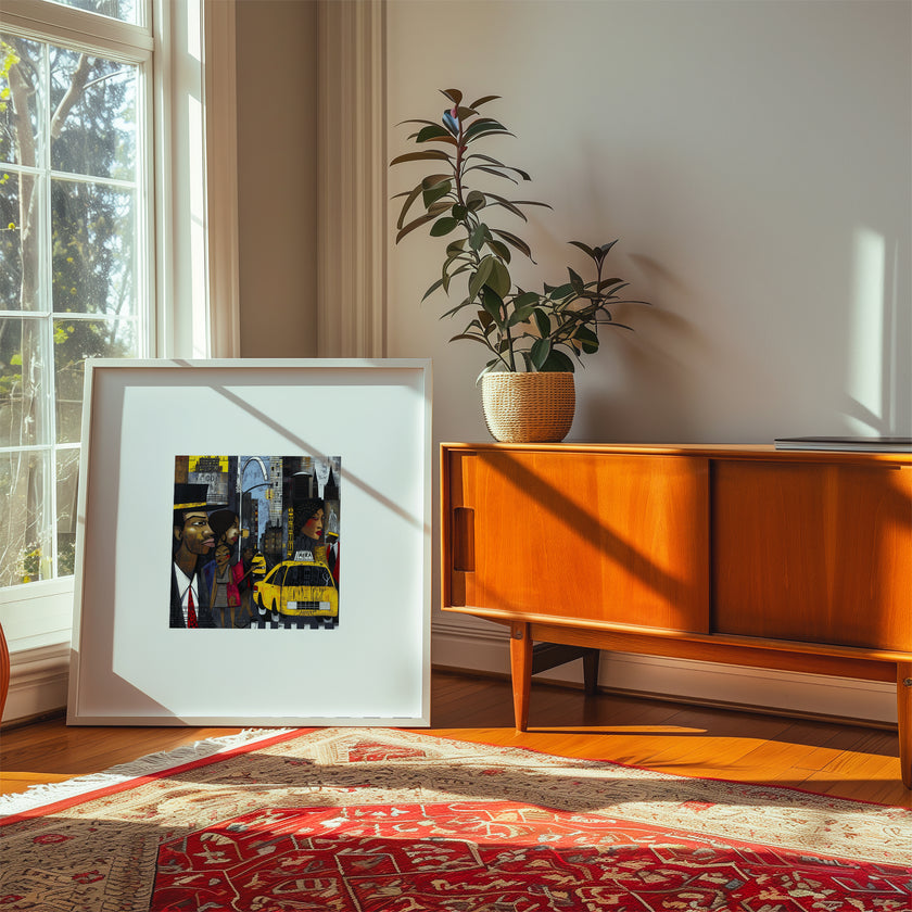 Graffiti-style abstract art print featuring iconic yellow cabs driving through the streets of Harlem, New York City. The gritty urban landscape includes textured buildings and dynamic street elements, capturing the bold energy of NYC in a modern cityscape wall art design.