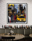 Graffiti-style abstract art print featuring iconic yellow cabs driving through the streets of Harlem, New York City. The gritty urban landscape includes textured buildings and dynamic street elements, capturing the bold energy of NYC in a modern cityscape wall art design.