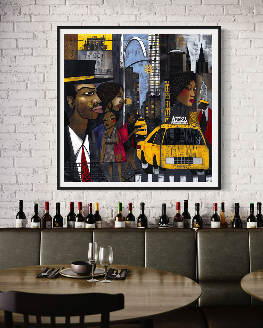 Graffiti-style abstract art print featuring iconic yellow cabs driving through the streets of Harlem, New York City. The gritty urban landscape includes textured buildings and dynamic street elements, capturing the bold energy of NYC in a modern cityscape wall art design.