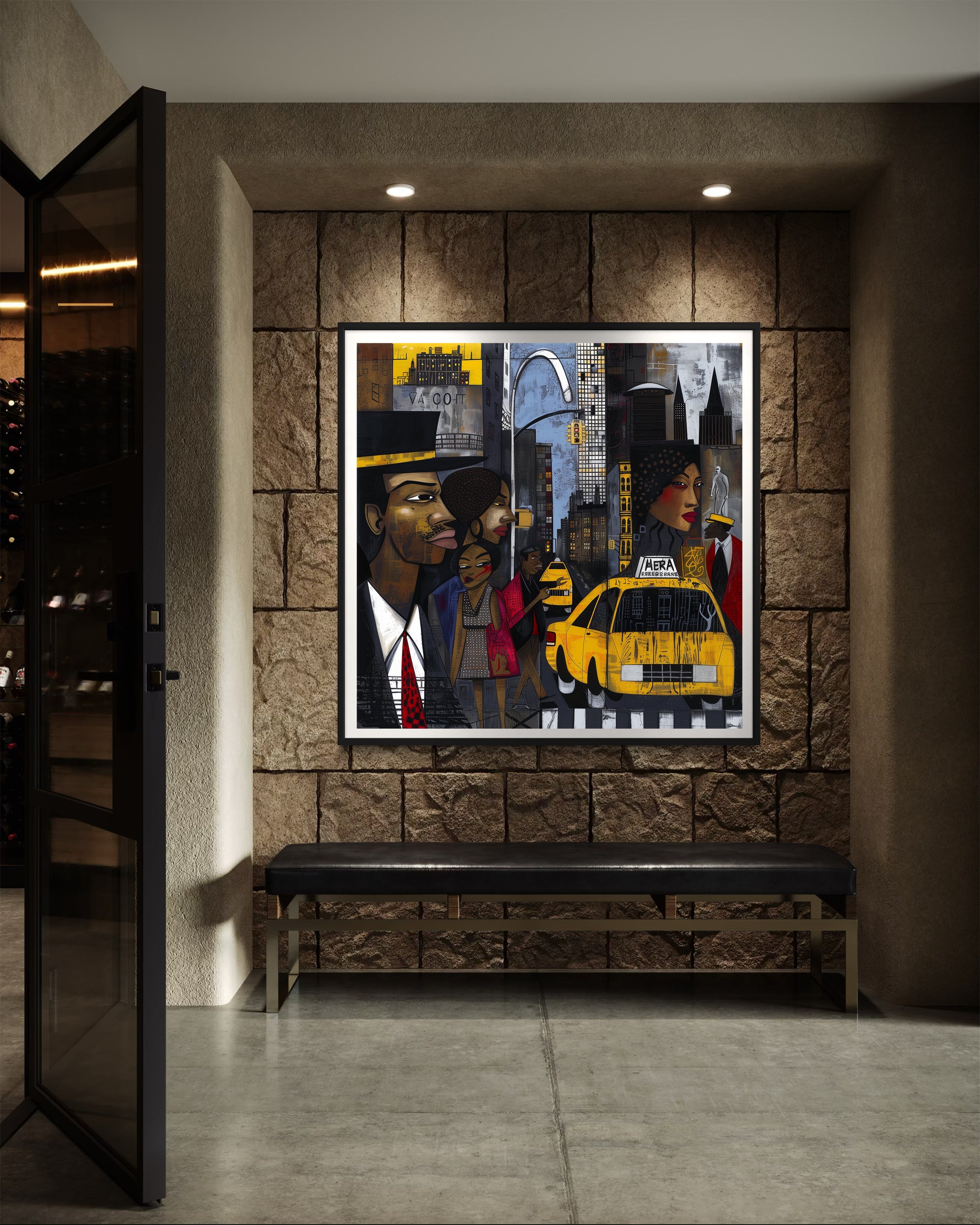 Graffiti-style abstract art print featuring iconic yellow cabs driving through the streets of Harlem, New York City. The gritty urban landscape includes textured buildings and dynamic street elements, capturing the bold energy of NYC in a modern cityscape wall art design.