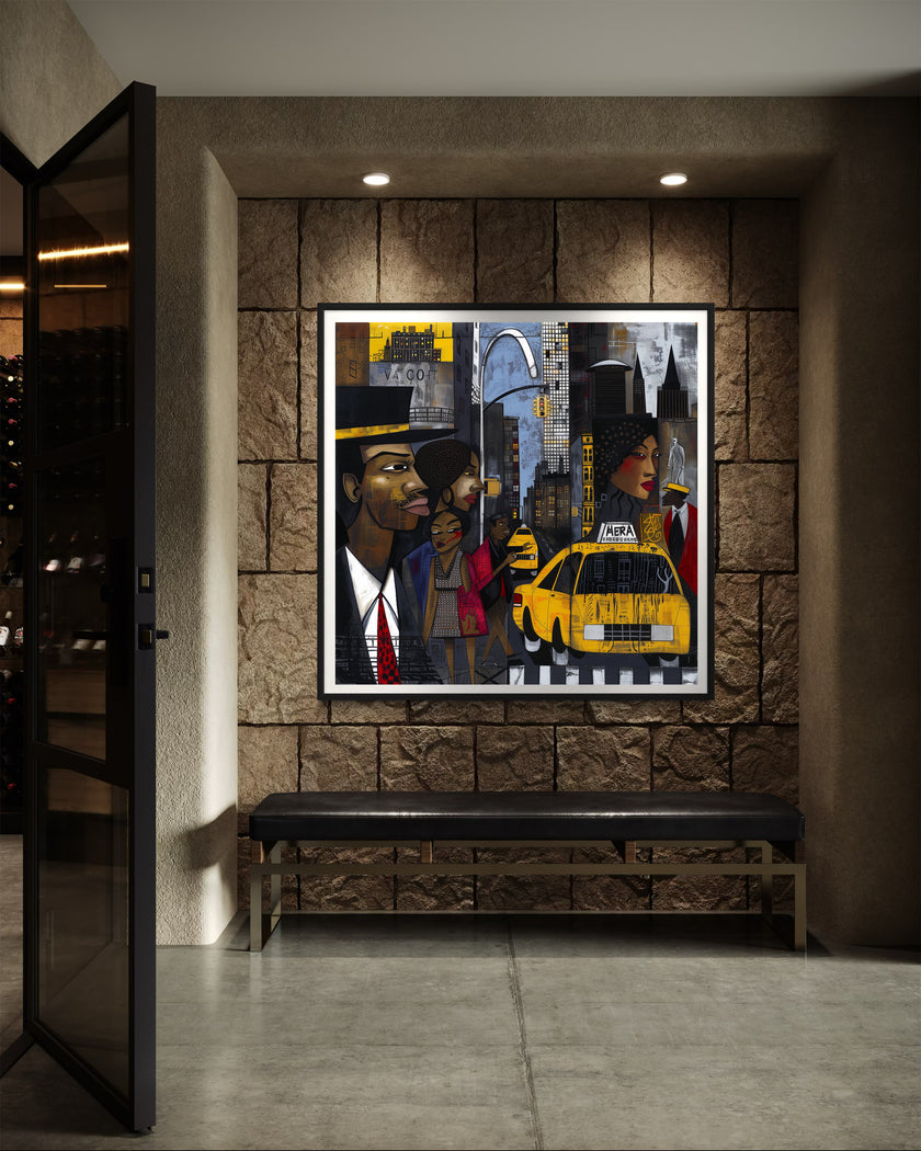 Graffiti-style abstract art print featuring iconic yellow cabs driving through the streets of Harlem, New York City. The gritty urban landscape includes textured buildings and dynamic street elements, capturing the bold energy of NYC in a modern cityscape wall art design.