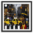 Graffiti-style abstract art print featuring iconic yellow cabs driving through the streets of Harlem, New York City. The gritty urban landscape includes textured buildings and dynamic street elements, capturing the bold energy of NYC in a modern cityscape wall art design.