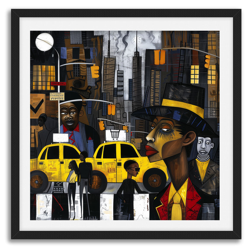 Graffiti-style abstract art print featuring iconic yellow cabs driving through the streets of Harlem, New York City. The gritty urban landscape includes textured buildings and dynamic street elements, capturing the bold energy of NYC in a modern cityscape wall art design.