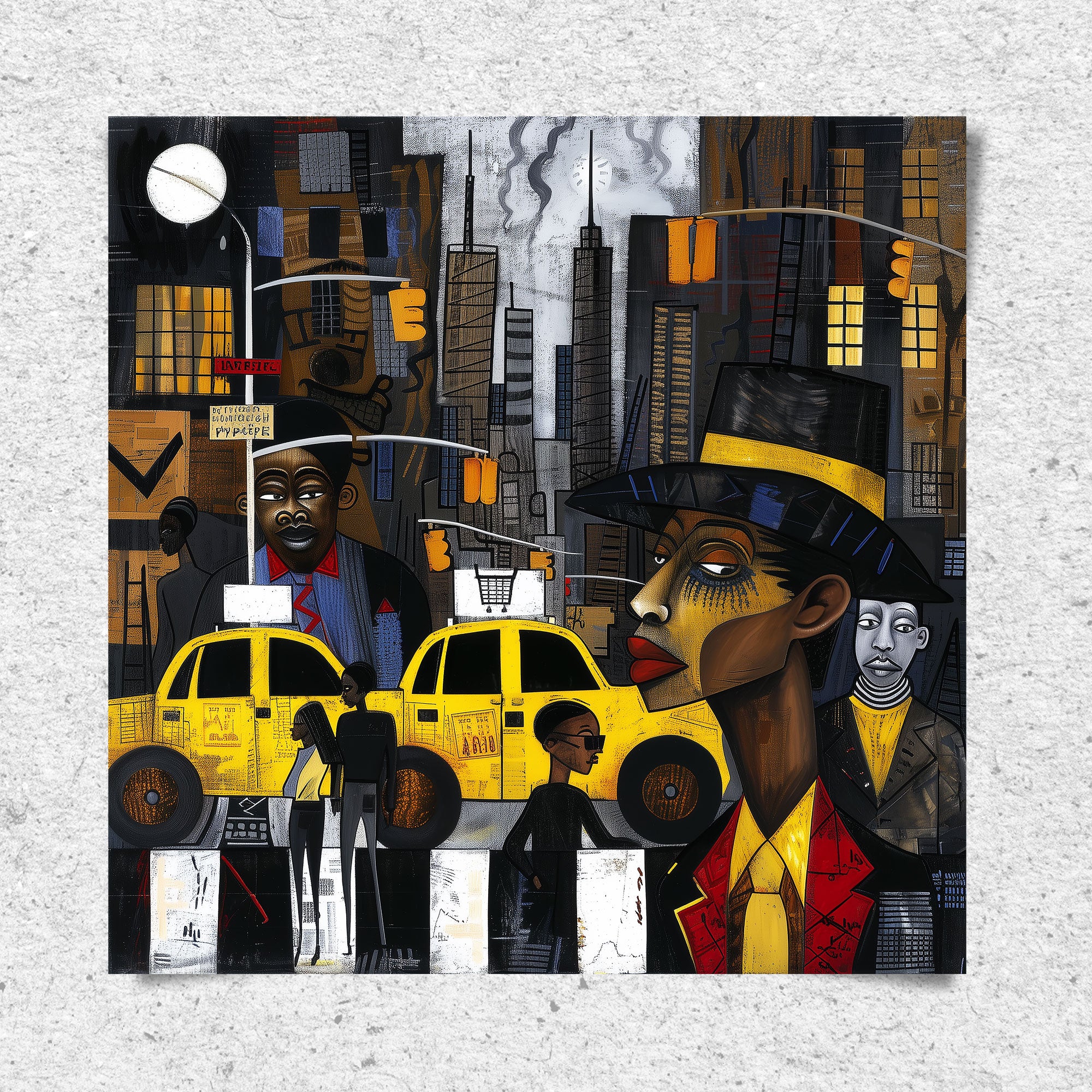 Graffiti-style abstract art print featuring iconic yellow cabs driving through the streets of Harlem, New York City. The gritty urban landscape includes textured buildings and dynamic street elements, capturing the bold energy of NYC in a modern cityscape wall art design.
