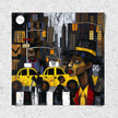 Graffiti-style abstract art print featuring iconic yellow cabs driving through the streets of Harlem, New York City. The gritty urban landscape includes textured buildings and dynamic street elements, capturing the bold energy of NYC in a modern cityscape wall art design.