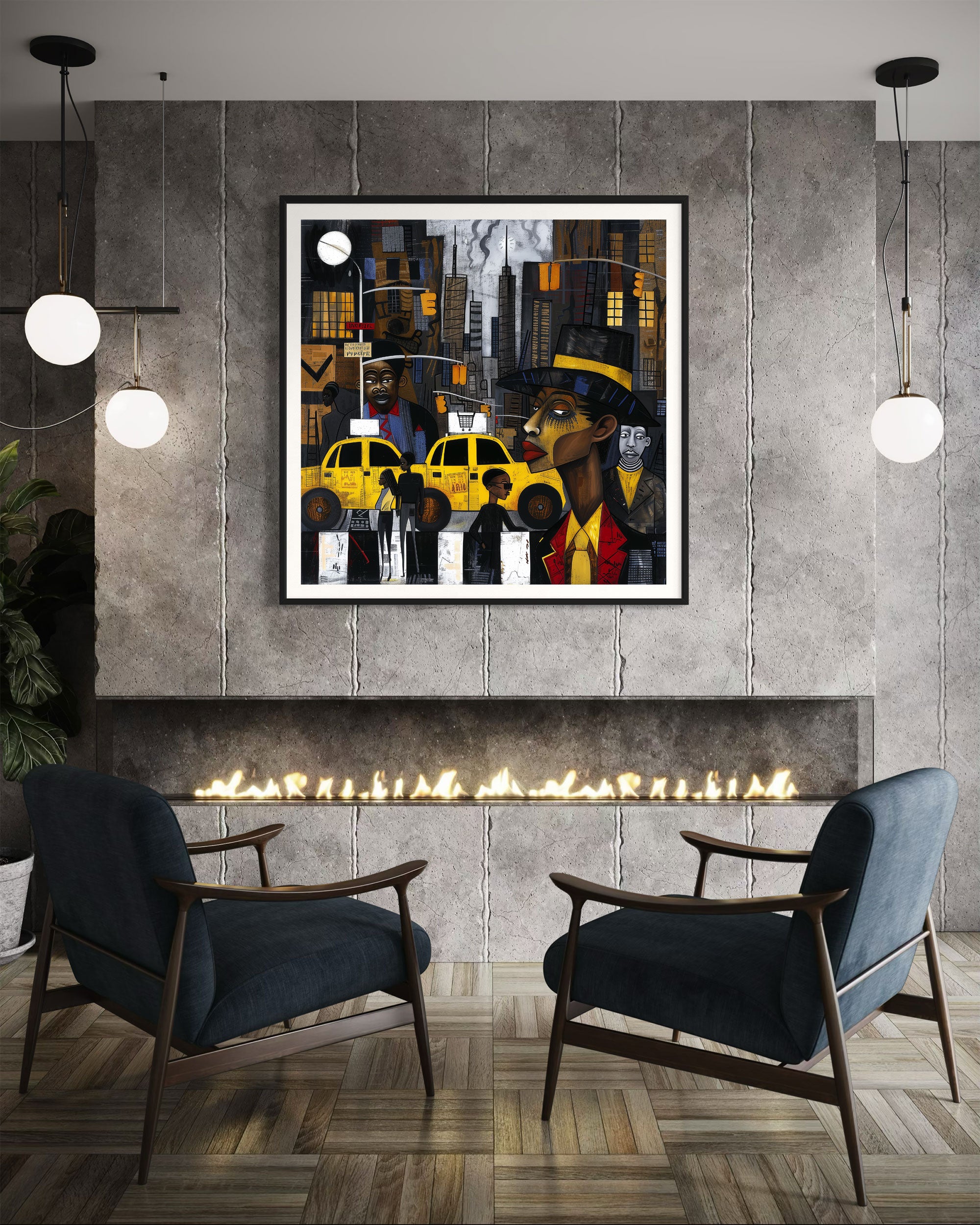 Graffiti-style abstract art print featuring iconic yellow cabs driving through the streets of Harlem, New York City. The gritty urban landscape includes textured buildings and dynamic street elements, capturing the bold energy of NYC in a modern cityscape wall art design.