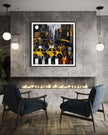 Graffiti-style abstract art print featuring iconic yellow cabs driving through the streets of Harlem, New York City. The gritty urban landscape includes textured buildings and dynamic street elements, capturing the bold energy of NYC in a modern cityscape wall art design.