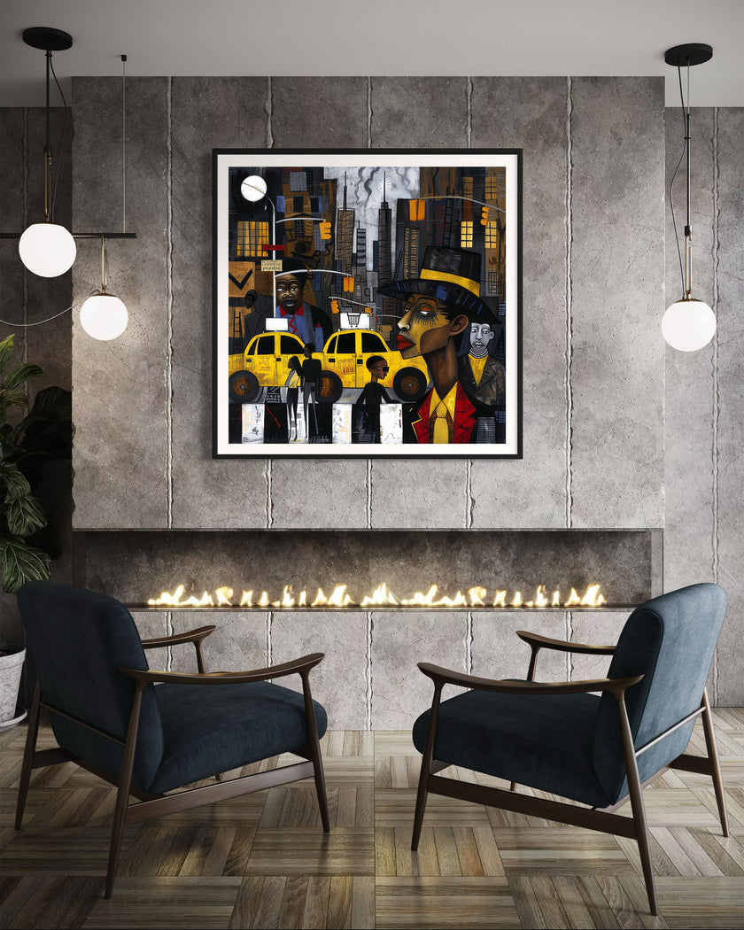 Graffiti-style abstract art print featuring iconic yellow cabs driving through the streets of Harlem, New York City. The gritty urban landscape includes textured buildings and dynamic street elements, capturing the bold energy of NYC in a modern cityscape wall art design.