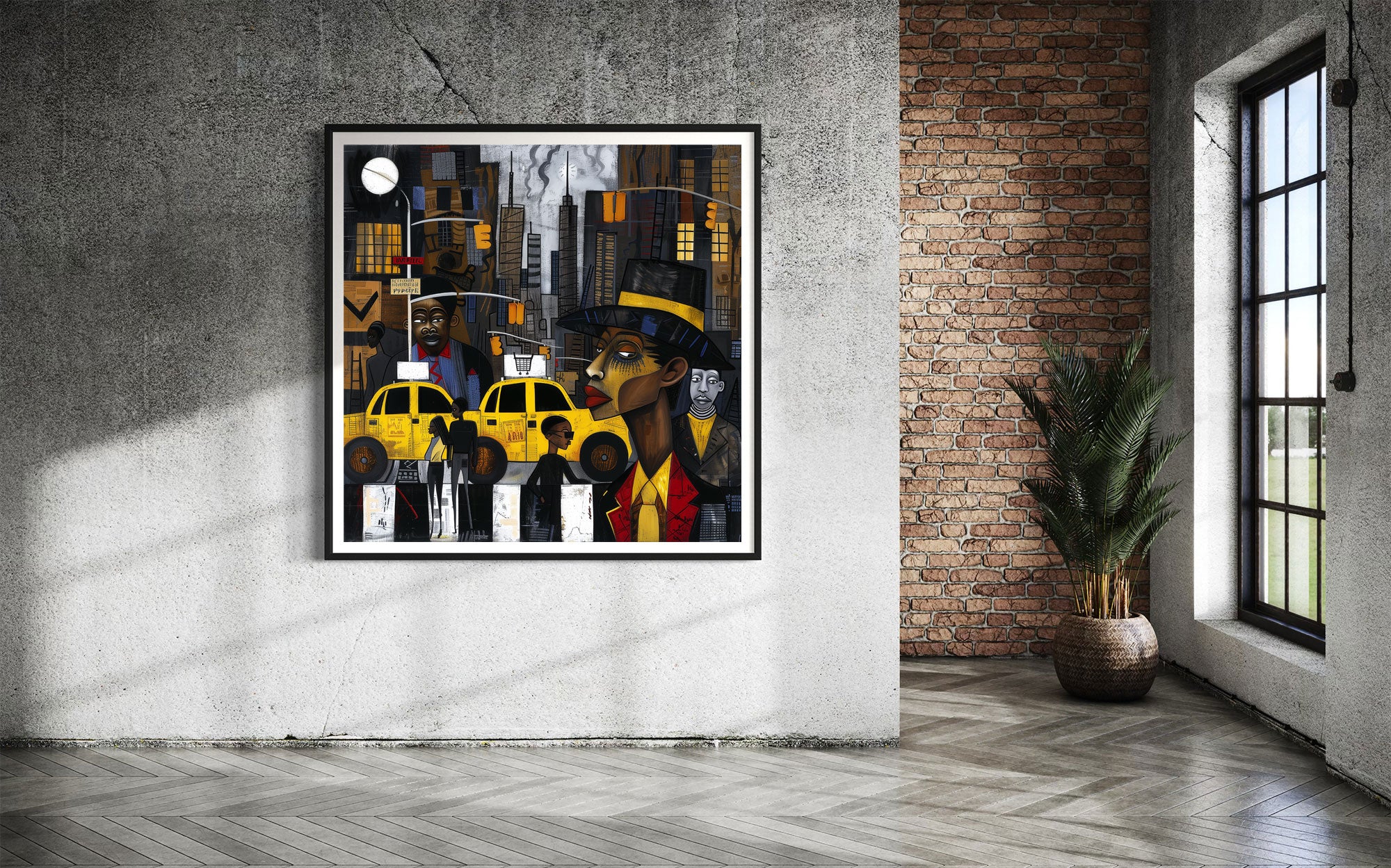 Graffiti-style abstract art print featuring iconic yellow cabs driving through the streets of Harlem, New York City. The gritty urban landscape includes textured buildings and dynamic street elements, capturing the bold energy of NYC in a modern cityscape wall art design.
