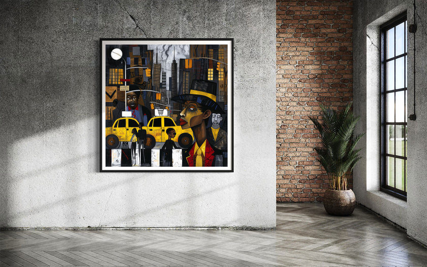 Graffiti-style abstract art print featuring iconic yellow cabs driving through the streets of Harlem, New York City. The gritty urban landscape includes textured buildings and dynamic street elements, capturing the bold energy of NYC in a modern cityscape wall art design.