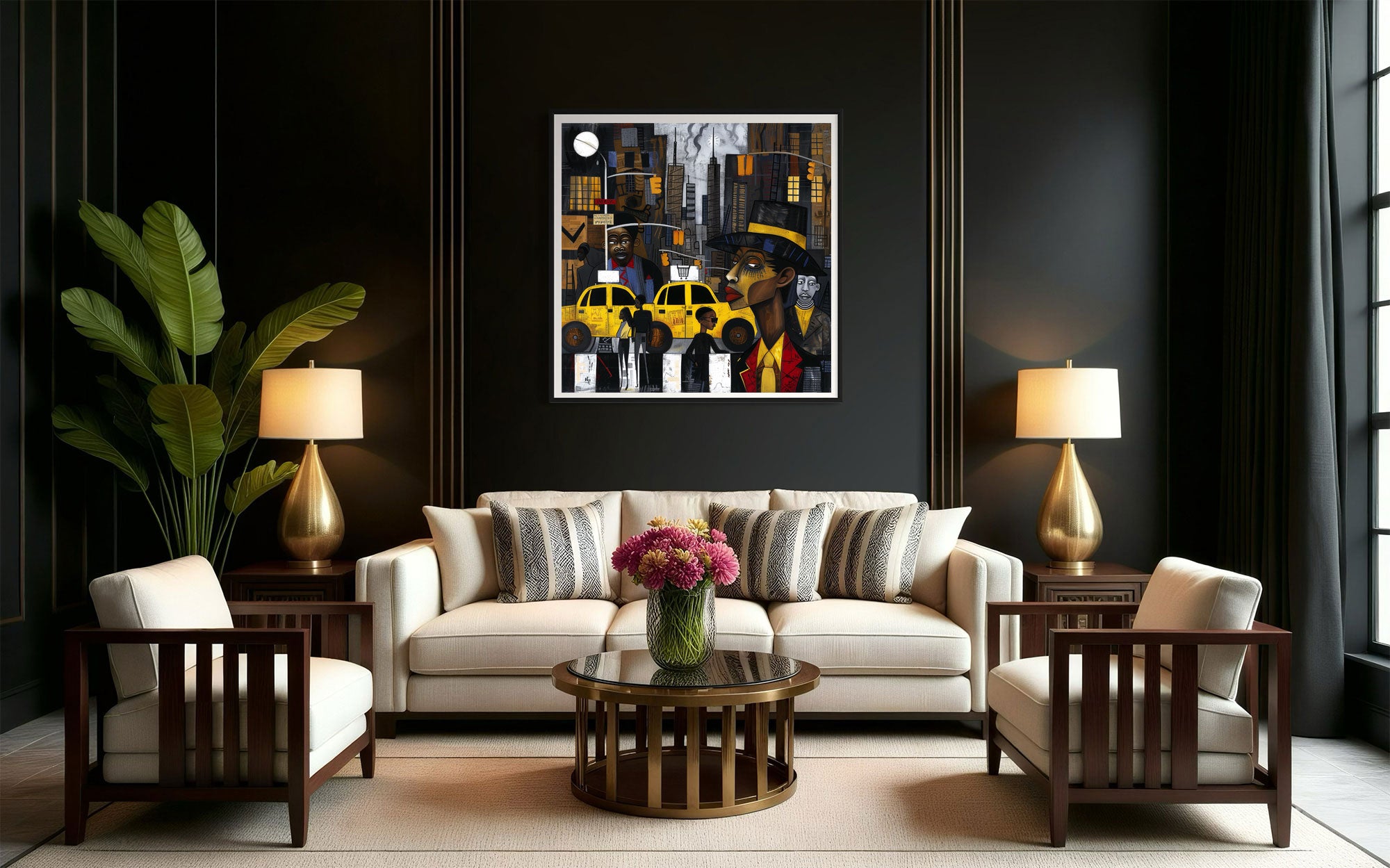 Graffiti-style abstract art print featuring iconic yellow cabs driving through the streets of Harlem, New York City. The gritty urban landscape includes textured buildings and dynamic street elements, capturing the bold energy of NYC in a modern cityscape wall art design.