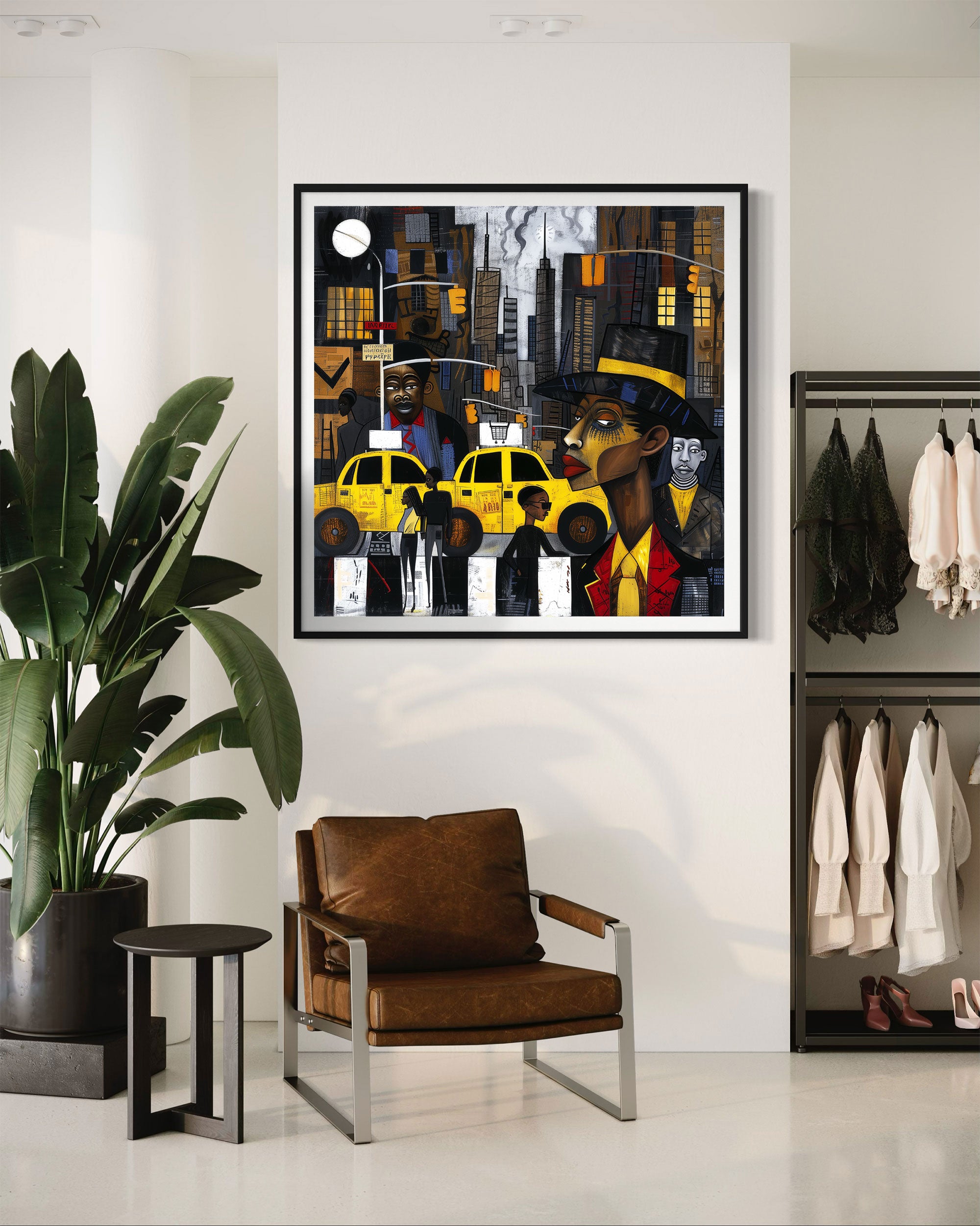 Graffiti-style abstract art print featuring iconic yellow cabs driving through the streets of Harlem, New York City. The gritty urban landscape includes textured buildings and dynamic street elements, capturing the bold energy of NYC in a modern cityscape wall art design.