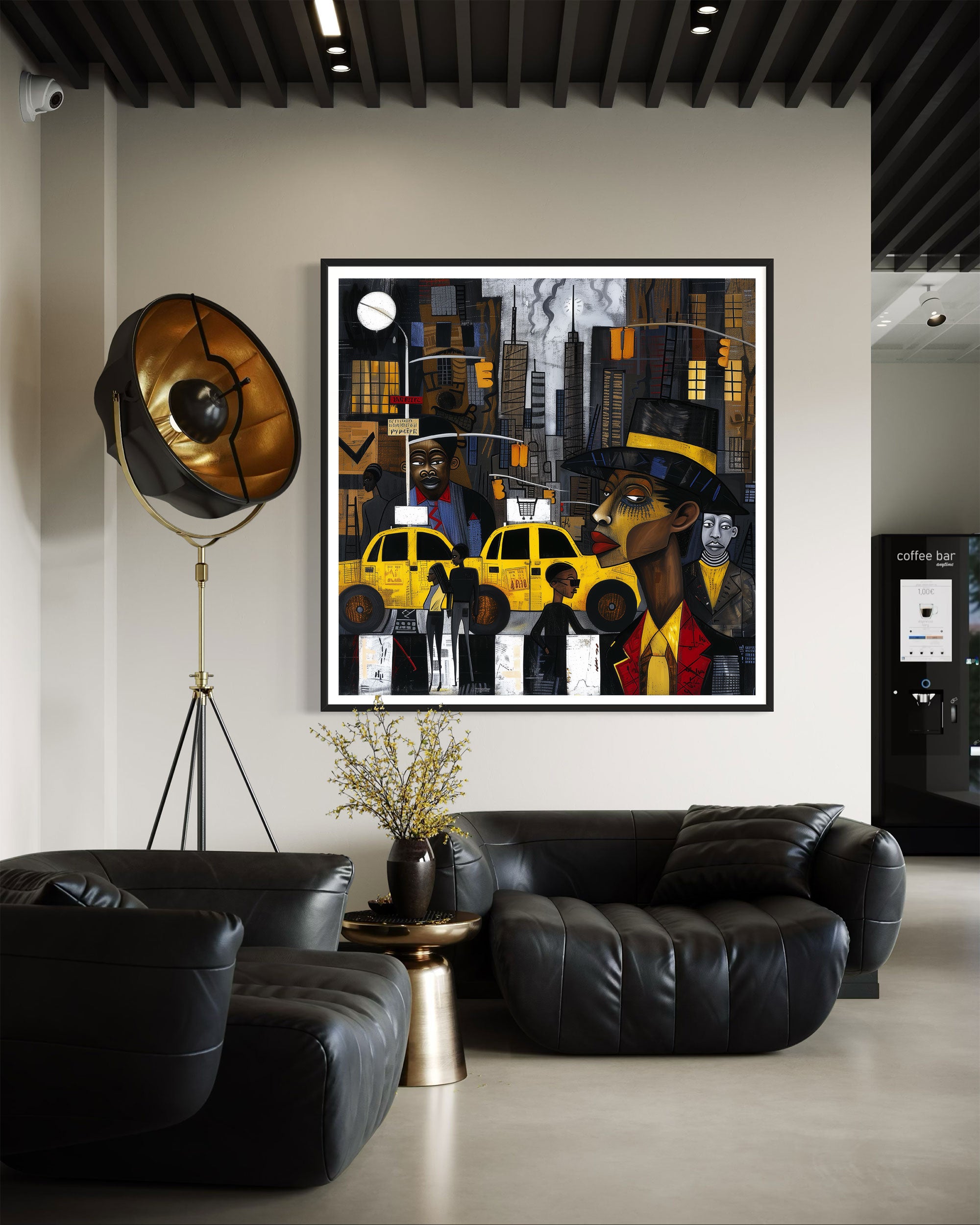 Graffiti-style abstract art print featuring iconic yellow cabs driving through the streets of Harlem, New York City. The gritty urban landscape includes textured buildings and dynamic street elements, capturing the bold energy of NYC in a modern cityscape wall art design.
