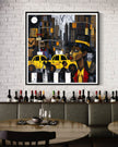 Graffiti-style abstract art print featuring iconic yellow cabs driving through the streets of Harlem, New York City. The gritty urban landscape includes textured buildings and dynamic street elements, capturing the bold energy of NYC in a modern cityscape wall art design.