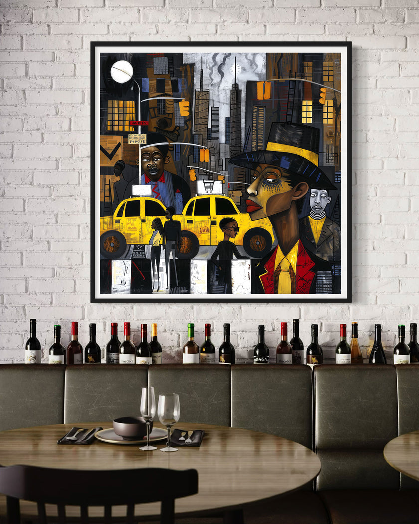 Graffiti-style abstract art print featuring iconic yellow cabs driving through the streets of Harlem, New York City. The gritty urban landscape includes textured buildings and dynamic street elements, capturing the bold energy of NYC in a modern cityscape wall art design.