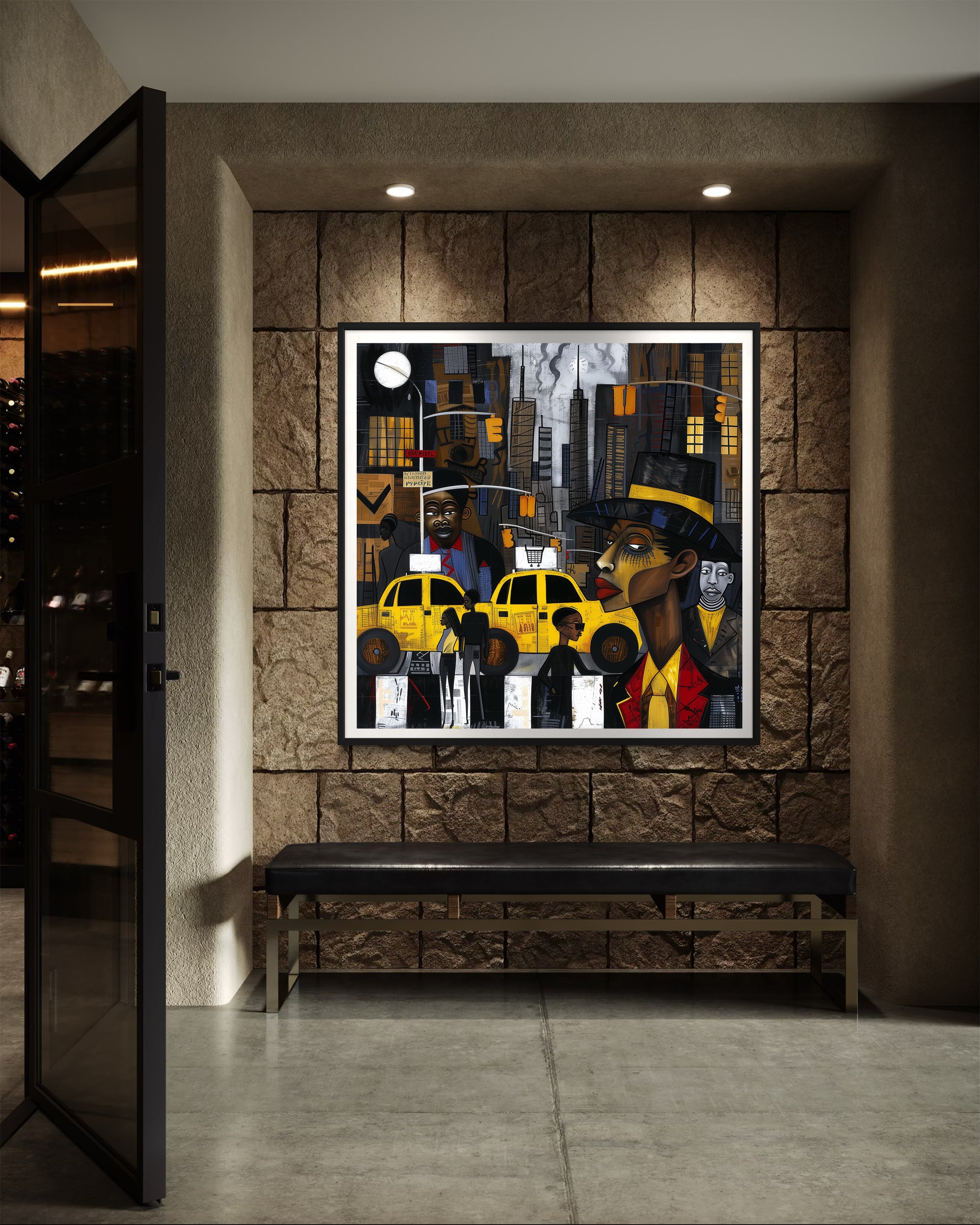 Graffiti-style abstract art print featuring iconic yellow cabs driving through the streets of Harlem, New York City. The gritty urban landscape includes textured buildings and dynamic street elements, capturing the bold energy of NYC in a modern cityscape wall art design.