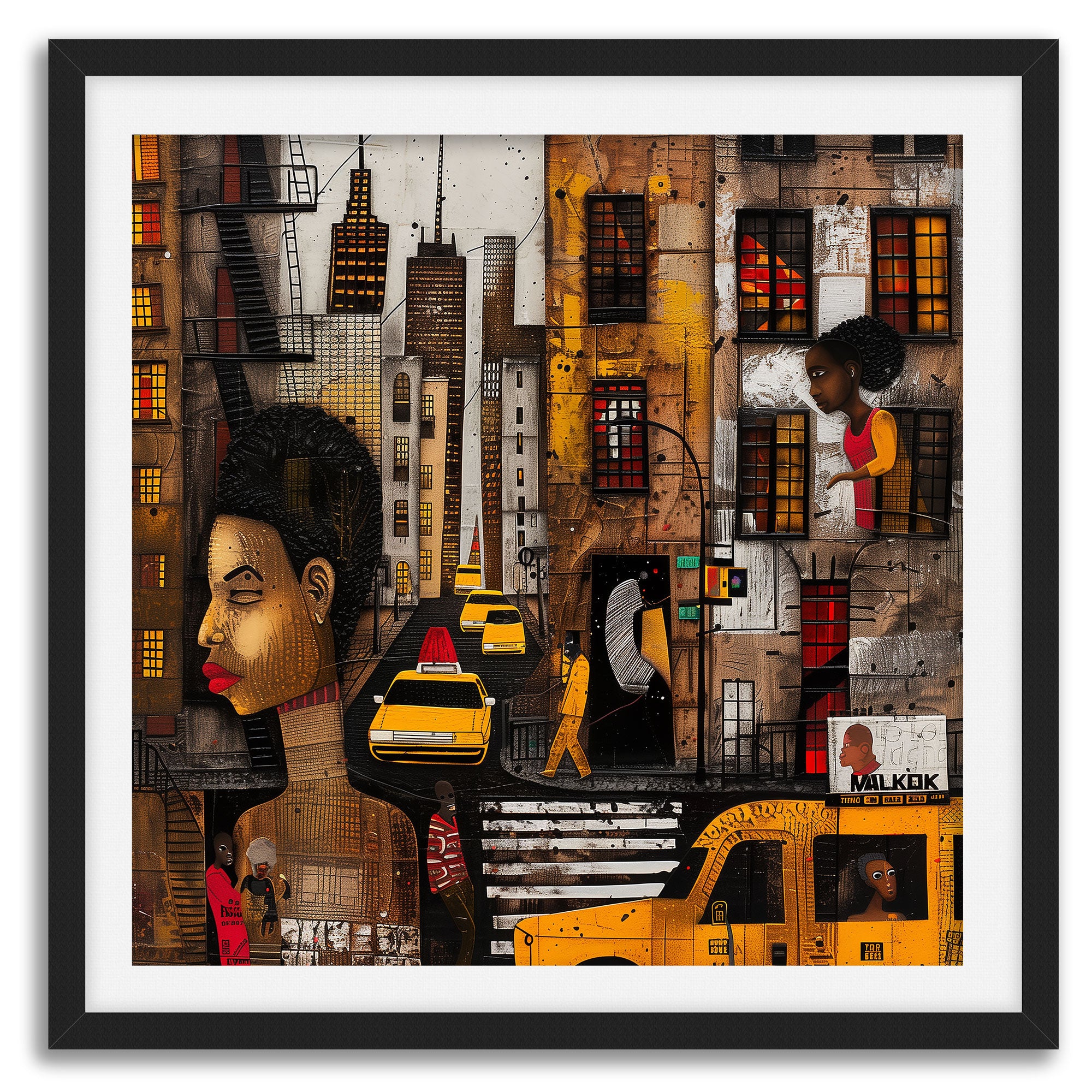 Graffiti-style abstract art print featuring iconic yellow cabs driving through the streets of Harlem, New York City. The gritty urban landscape includes textured buildings and dynamic street elements, capturing the bold energy of NYC in a modern cityscape wall art design.