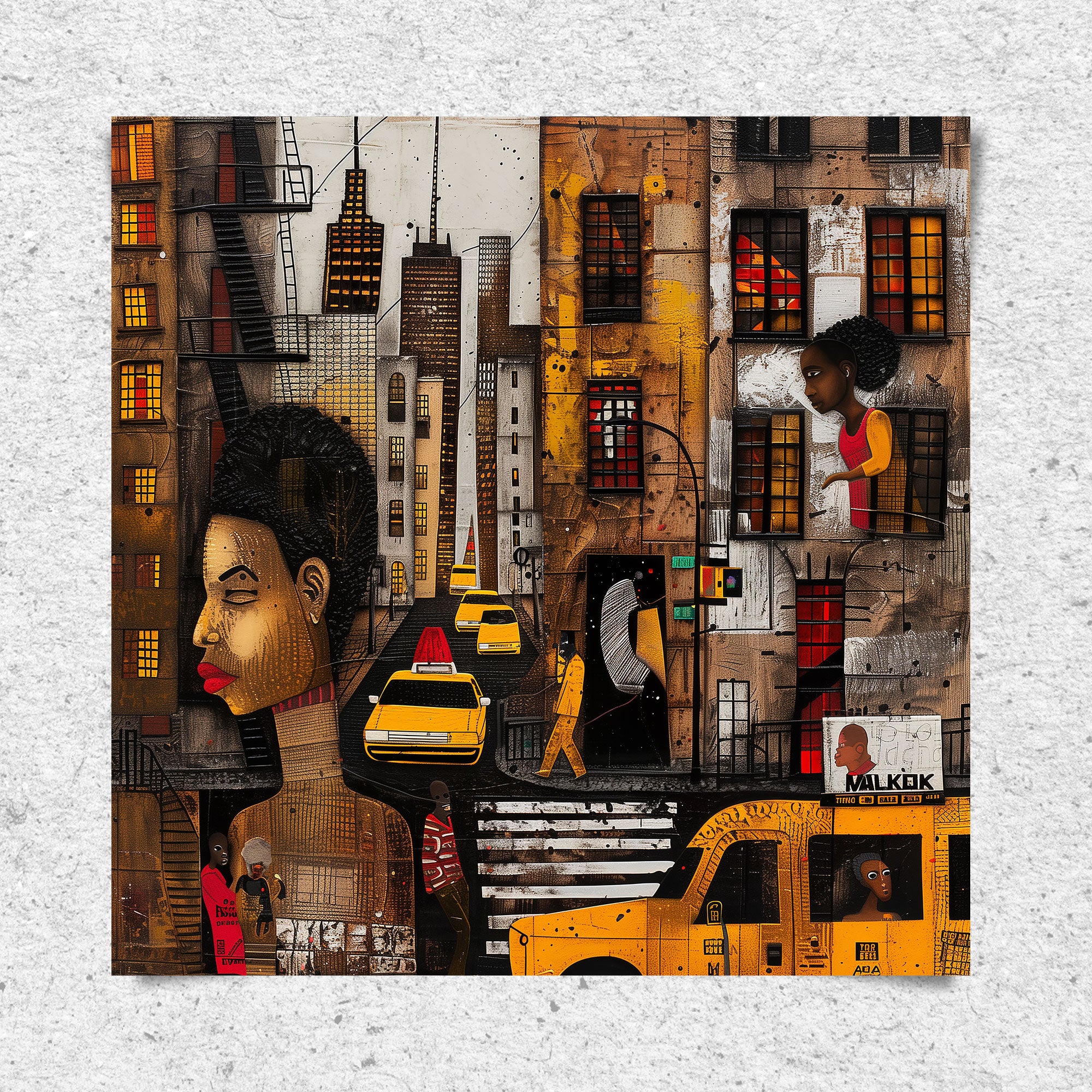 Graffiti-style abstract art print featuring iconic yellow cabs driving through the streets of Harlem, New York City. The gritty urban landscape includes textured buildings and dynamic street elements, capturing the bold energy of NYC in a modern cityscape wall art design.