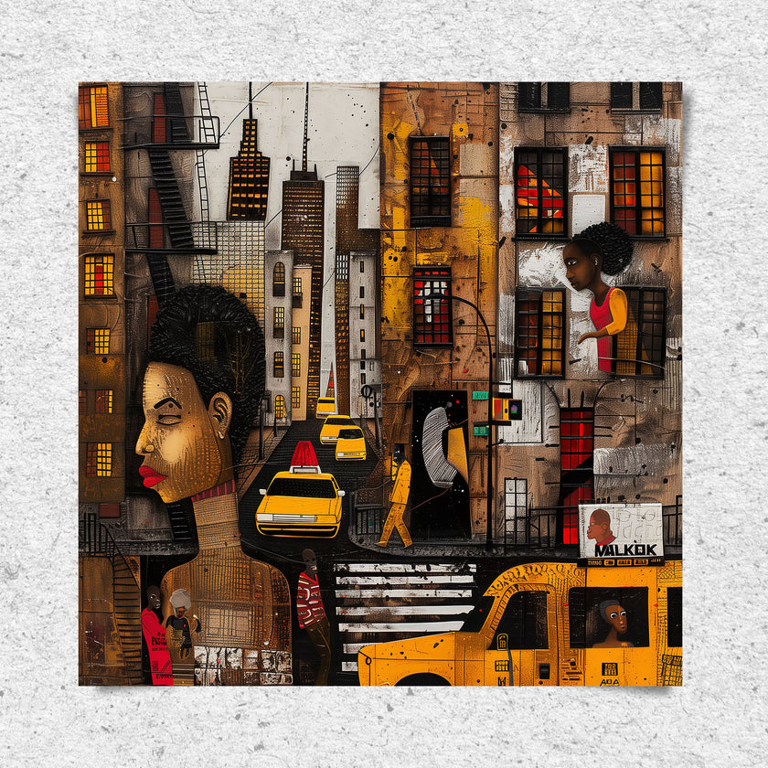 Graffiti-style abstract art print featuring iconic yellow cabs driving through the streets of Harlem, New York City. The gritty urban landscape includes textured buildings and dynamic street elements, capturing the bold energy of NYC in a modern cityscape wall art design.
