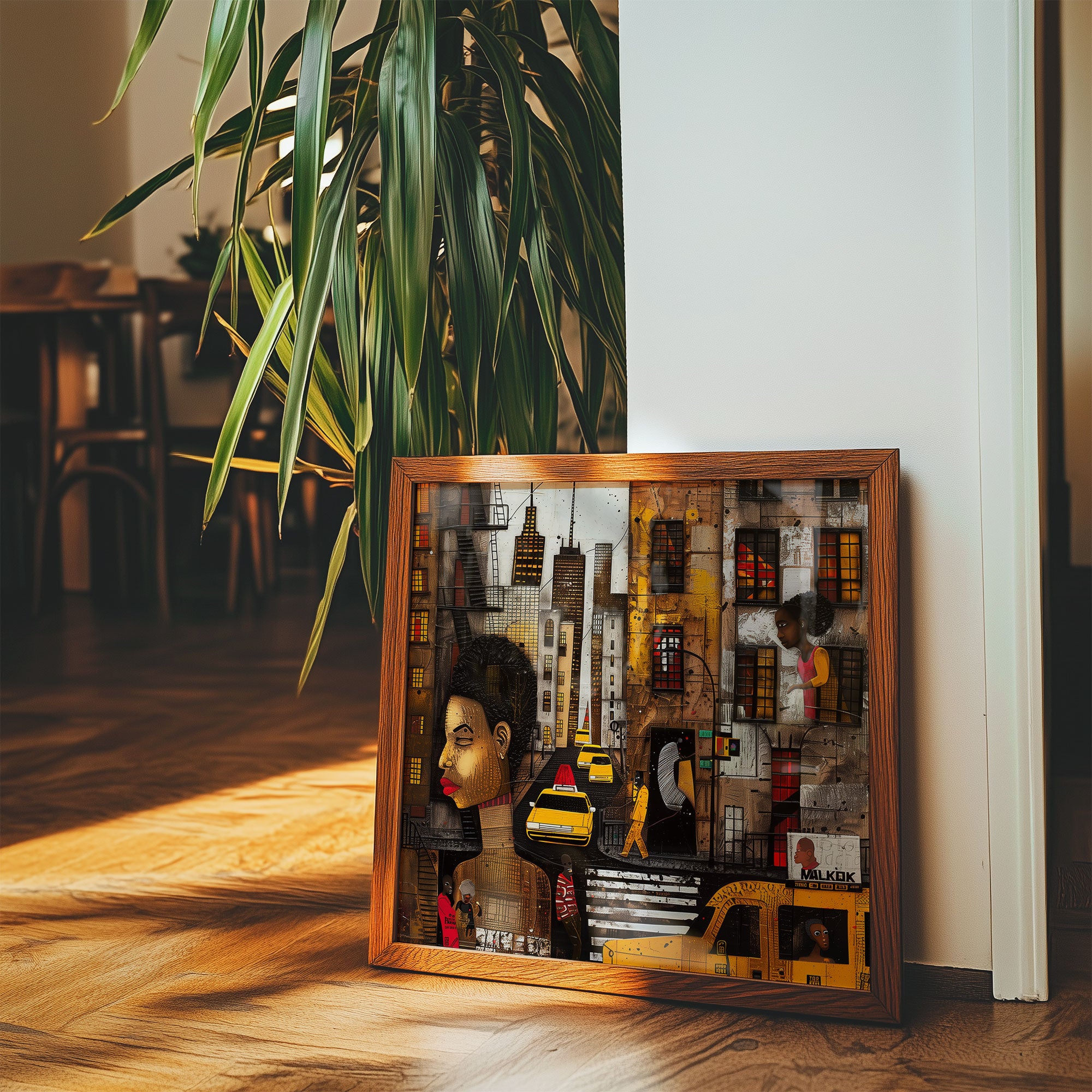 Graffiti-style abstract art print featuring iconic yellow cabs driving through the streets of Harlem, New York City. The gritty urban landscape includes textured buildings and dynamic street elements, capturing the bold energy of NYC in a modern cityscape wall art design.