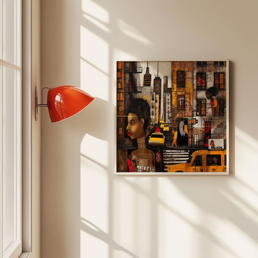 Graffiti-style abstract art print featuring iconic yellow cabs driving through the streets of Harlem, New York City. The gritty urban landscape includes textured buildings and dynamic street elements, capturing the bold energy of NYC in a modern cityscape wall art design.