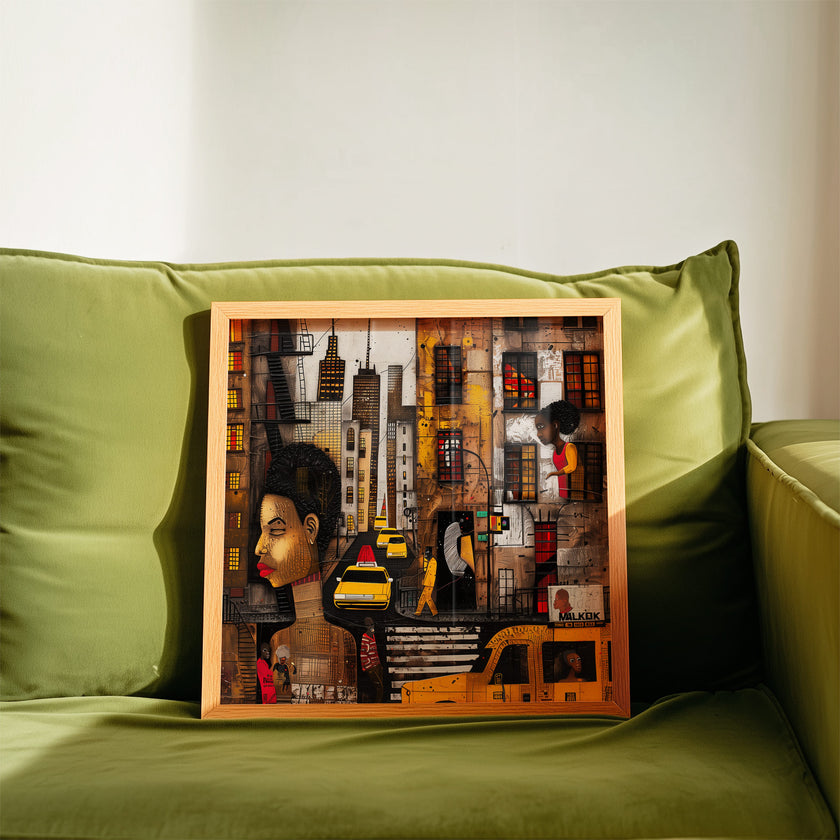 Graffiti-style abstract art print featuring iconic yellow cabs driving through the streets of Harlem, New York City. The gritty urban landscape includes textured buildings and dynamic street elements, capturing the bold energy of NYC in a modern cityscape wall art design.