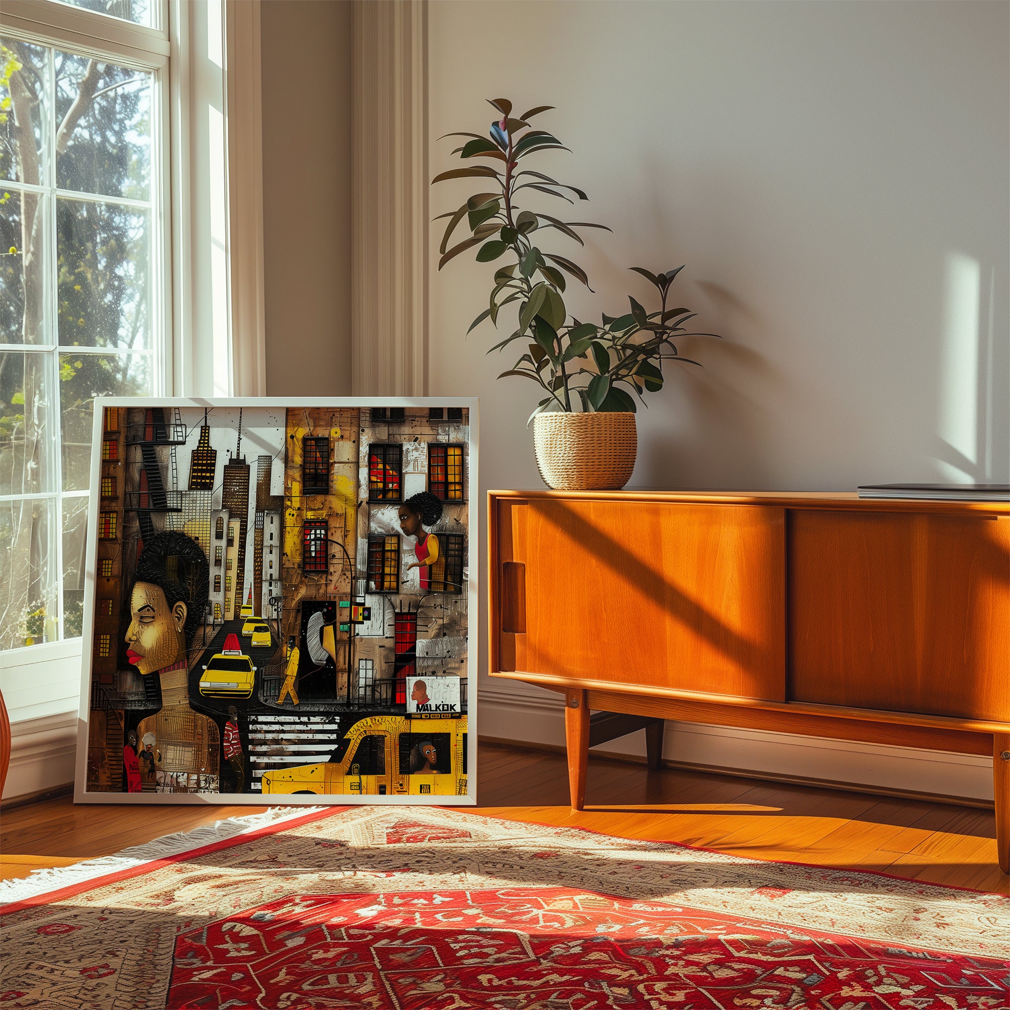 Graffiti-style abstract art print featuring iconic yellow cabs driving through the streets of Harlem, New York City. The gritty urban landscape includes textured buildings and dynamic street elements, capturing the bold energy of NYC in a modern cityscape wall art design.