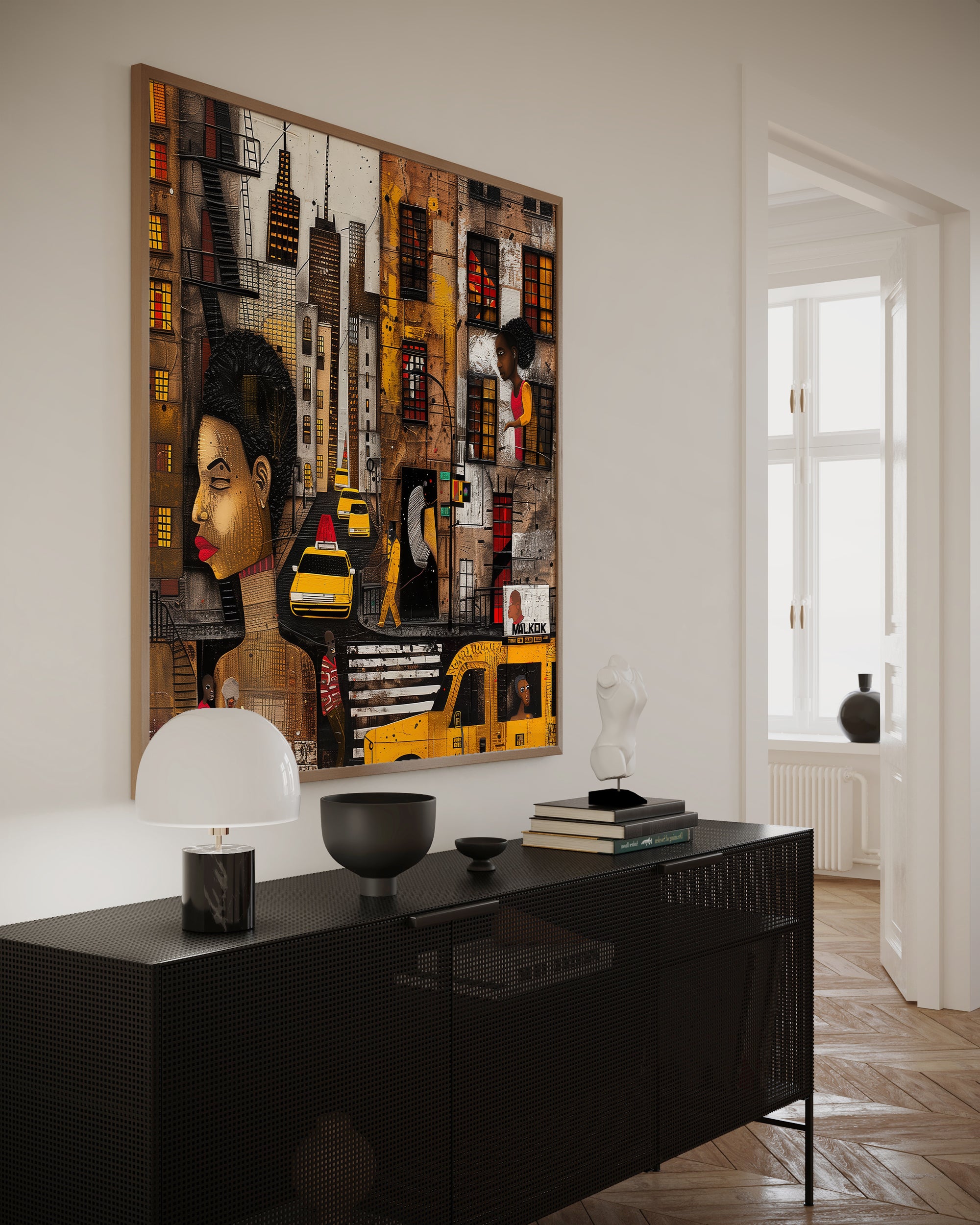 Graffiti-style abstract art print featuring iconic yellow cabs driving through the streets of Harlem, New York City. The gritty urban landscape includes textured buildings and dynamic street elements, capturing the bold energy of NYC in a modern cityscape wall art design.