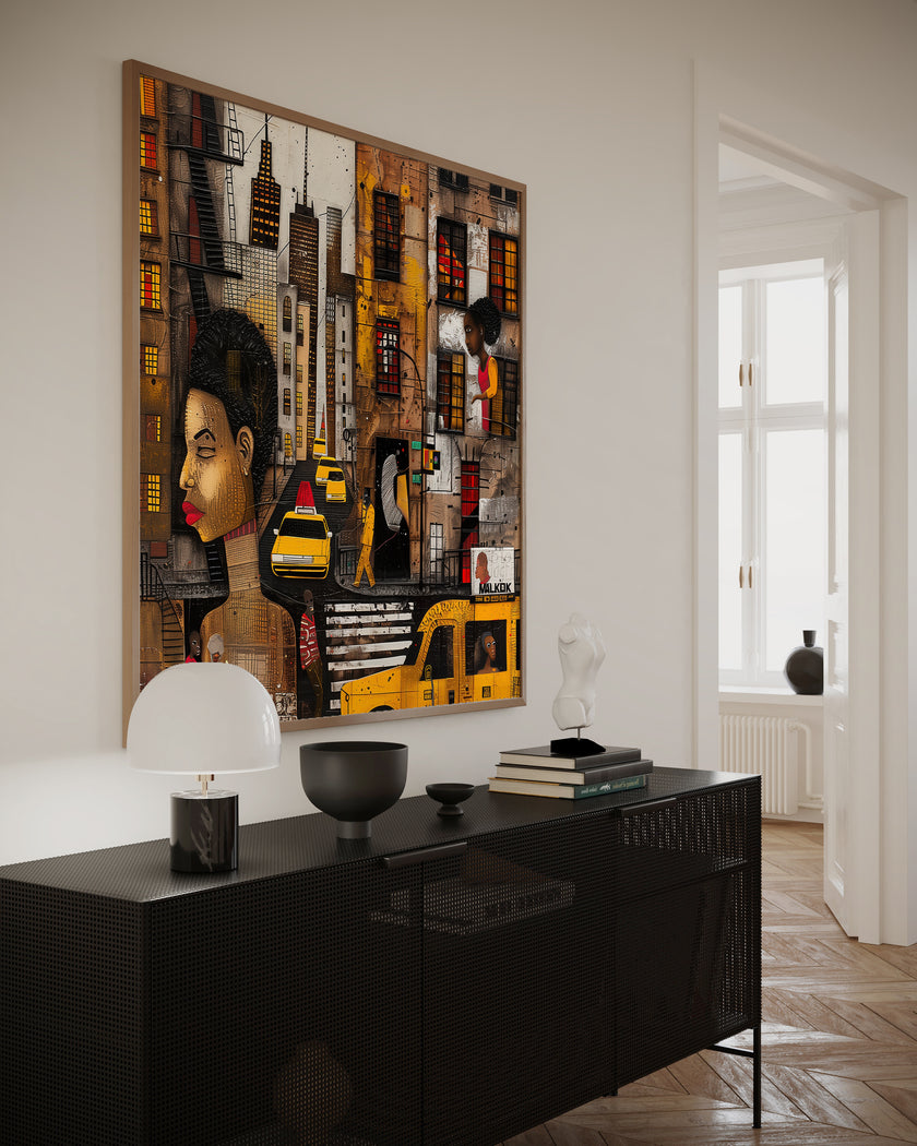 Graffiti-style abstract art print featuring iconic yellow cabs driving through the streets of Harlem, New York City. The gritty urban landscape includes textured buildings and dynamic street elements, capturing the bold energy of NYC in a modern cityscape wall art design.