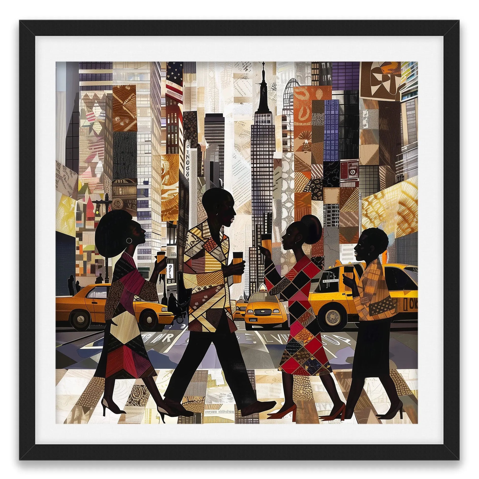 Abstract digital art print of Manhattan morning rush hour with Black figures walking to work, holding coffee cups, with yellow cabs and NYC skyscrapers in the background.