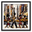 Abstract digital art print of Manhattan morning rush hour with Black figures walking to work, holding coffee cups, with yellow cabs and NYC skyscrapers in the background.